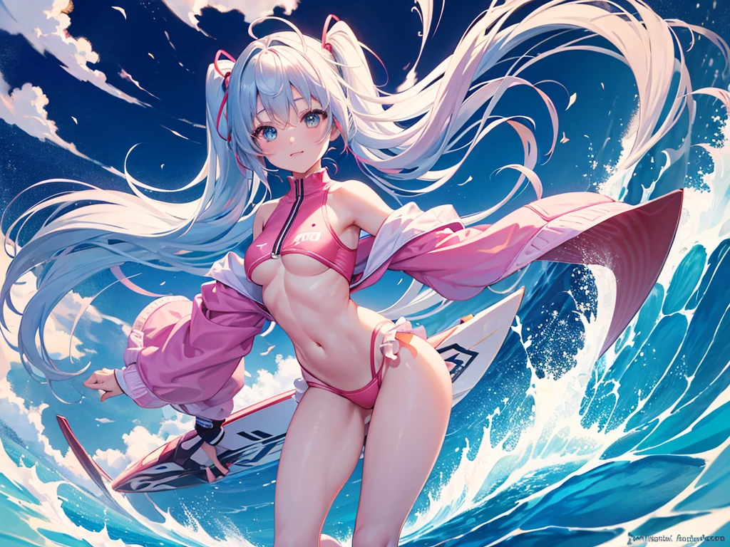 (anime-style cute face)、Hatsune Miku,最high quality, ((Sharp details)), (8k, RAW Photos, 最high quality, masterpiece), (looking at the camera),Cute Smile、Very big eyes、anatomically correct body、Big thighs、Muscular woman、The face is bright、Professional Lighting、Cute little breasts、Emphasis on the chest、(Pink and white long sleeve surf suit:0.6、Belly button、slit:1.6、Cute frills:1.8)、(black and pink spats)、high quality,High resolution,16K,Sharp lines,1 girl,(((Professional female surfer:1.9))) ,Big waves、Stand on a surfboard in a surfer's position:1.5、((A surfboard races across the water:1.9)),Detailed clothing、全画面に対してHatsune Mikuは30パーセントの大きさで