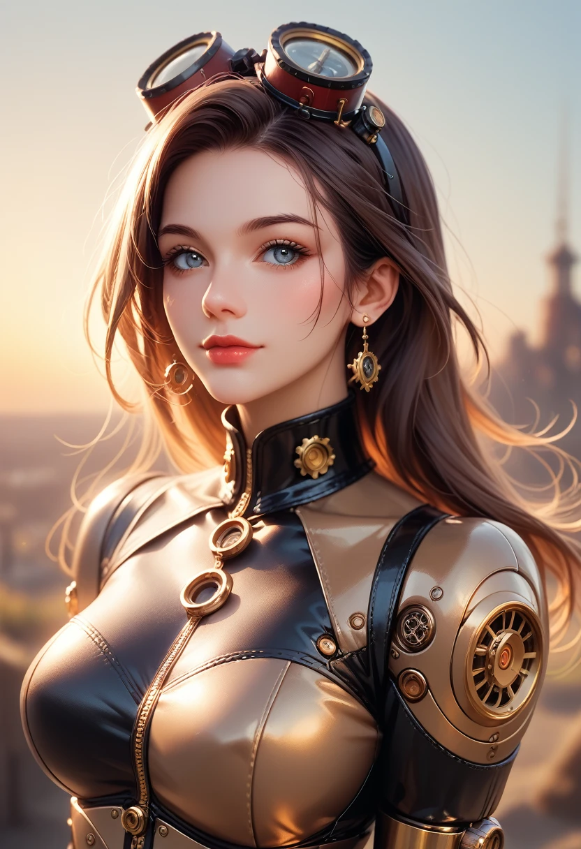 Steampunk robot woman portrait, Exquisitely crafted, Digital Ilustration, Sunset gradient, Trend Art Station Headquarters, Octane Rendering, Unreal Engine 4 MDJRNY-V4 Style