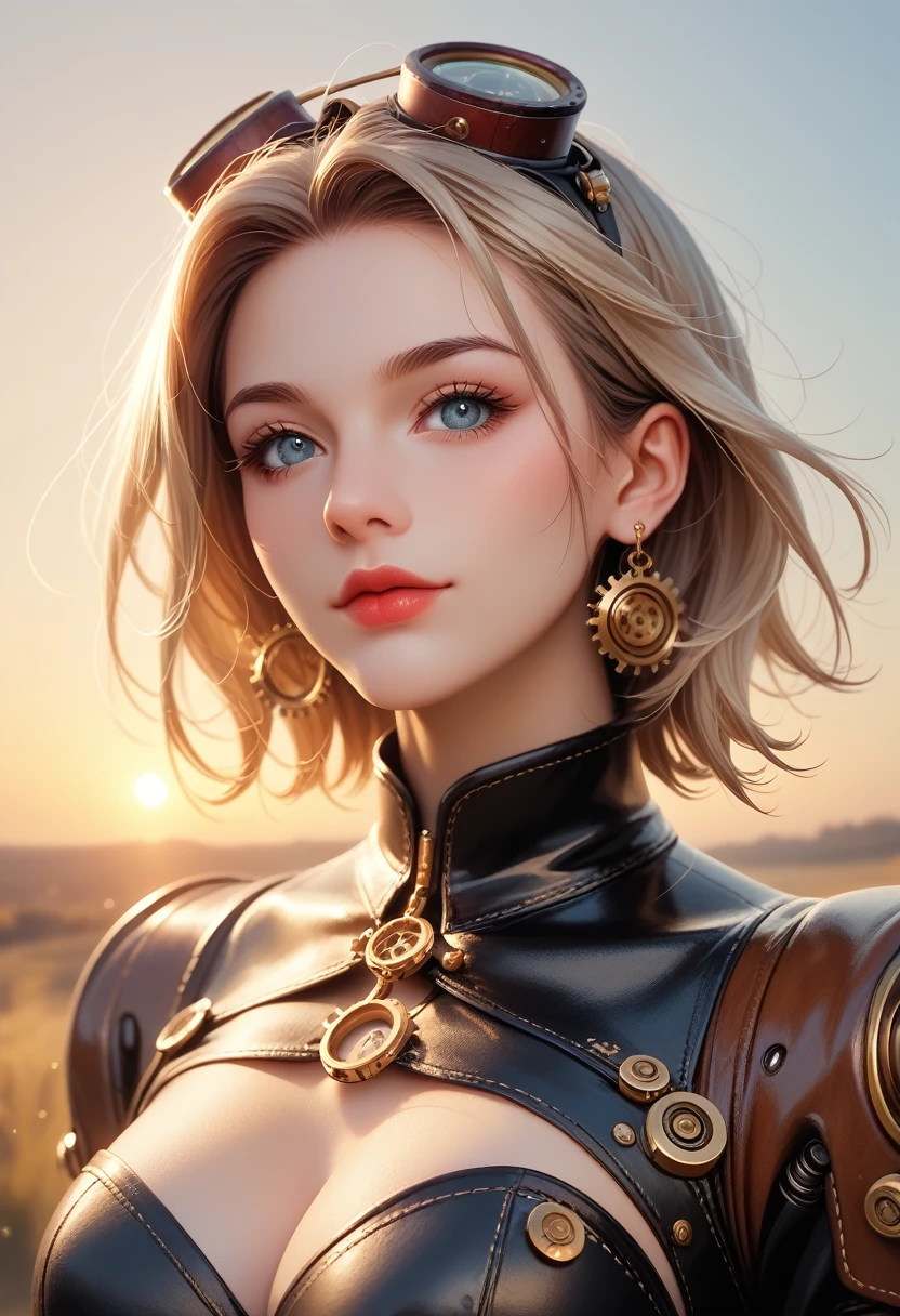 Steampunk robot woman portrait, Exquisitely crafted, Digital Ilustration, Sunset gradient, Trend Art Station Headquarters, Octane Rendering, Unreal Engine 4 MDJRNY-V4 Style