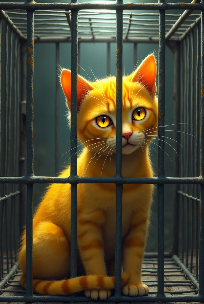 Lemon Cat in Cage**: The lemon cat is shown inside the metal cage, its glowing eyes looking sad and confused as the police take it away from the farmer's house.