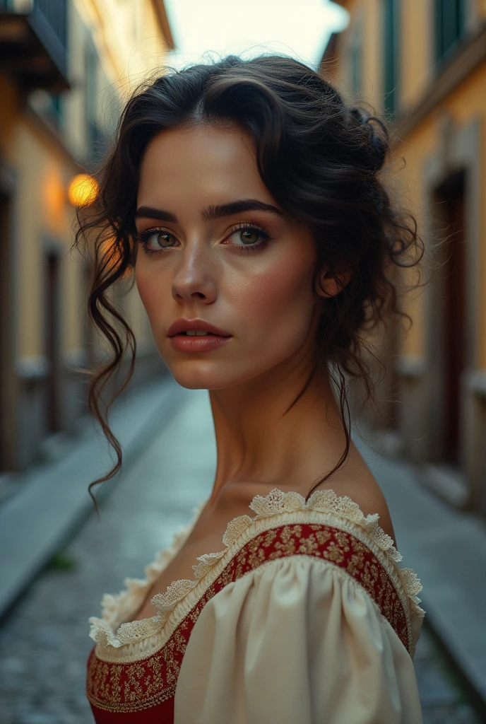 (a closeup of a beautiful on a 19th century street in a vintage dress), (Serious:0.5), (Highly detailed face:1.4), ass pov, Nikon D850, film stock photograph, 4 Kodak Portra 400, camera f1.6 lens, saturated colors, hyper realistic, lifelike texture, dramatic lighting, Cinestill 800, 19th-century Victorian style, Evening, Vintage lighting, Medium curly hair