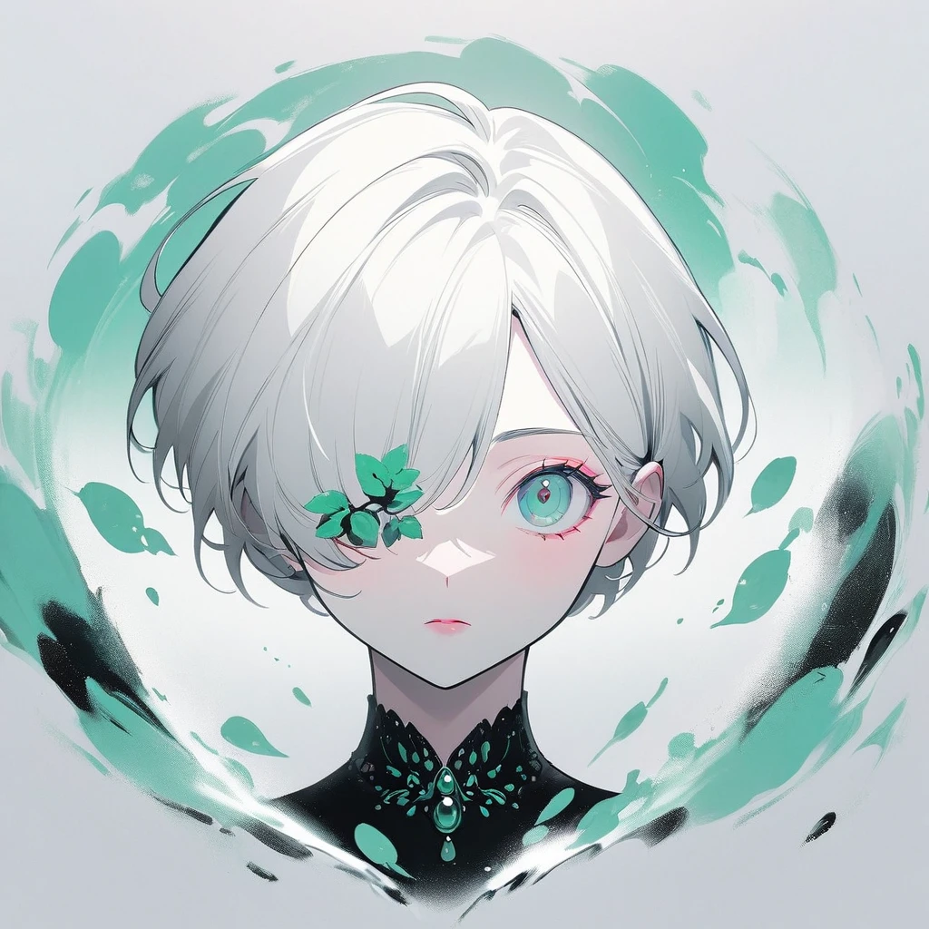 A young woman，(A red ribbon covers one eye)，illustration，With black aesthetics、Anime aesthetic style，I can't believe how beautiful it was，Black Pearl and Mint，Monochrome minimalist portrait，Pop artistic sense，whole body，Dynamic，