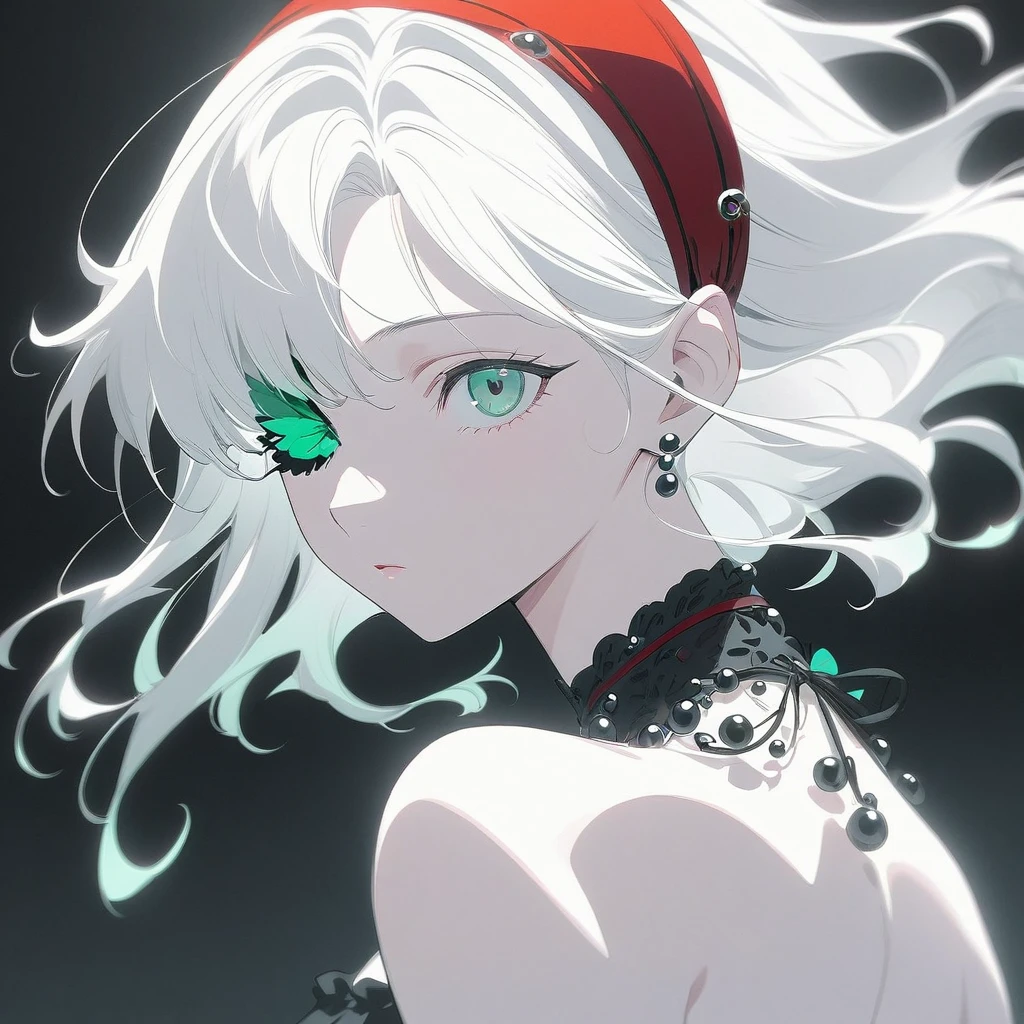 A young woman,(A red ribbon covers one eye),illustration,With black aesthetics、Anime aesthetic style,I can't believe how beautiful it was,Black Pearl and Mint,Monochrome minimalist portrait,Pop artistic sense,whole body,Dynamic,