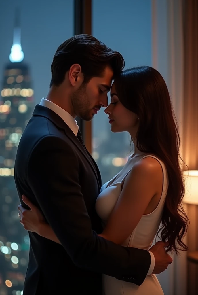 A handsome CEO with his beutiful girlfriend,who is on her highschool hot uniform romancing together with him in his luxury office at night.
While he carefully romantically falls down her hair., laege breasts, Hug from behind.