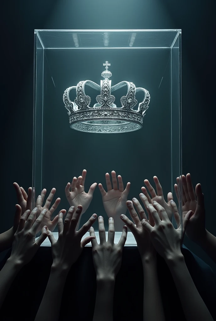 (bookcover), large silver wedding crown, Wedding crown in a glass box on the table, dark background, many hands want to grab the wedding crown, perfect hands