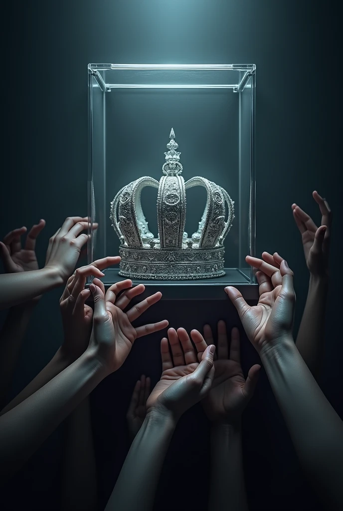 (bookcover), large silver wedding crown, Wedding crown in a glass box on the table, dark background, many hands want to grab the wedding crown, perfect hands