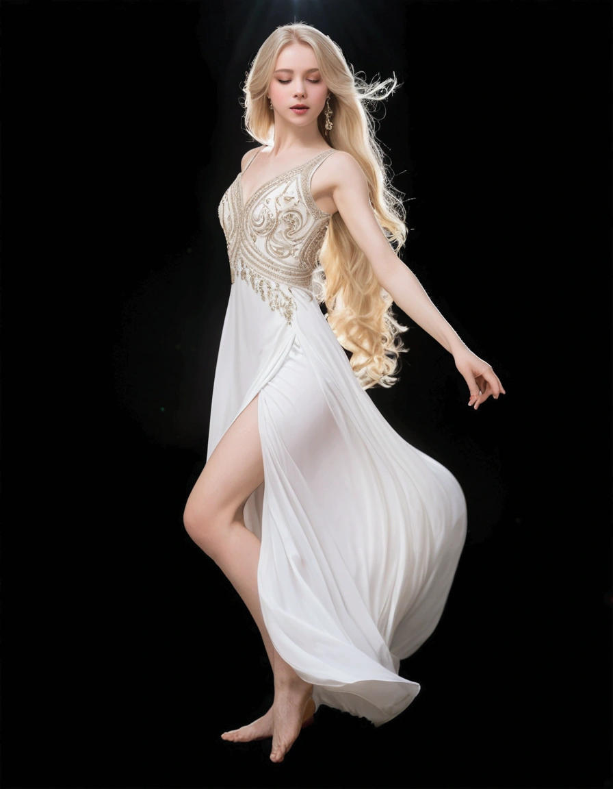A 40-year-old Russian woman wearing a low-cut tunic。Gazing at the ceiling。blonde、Long Hair。A full-body photo showing your feet。Calm Art Nouveau Background。