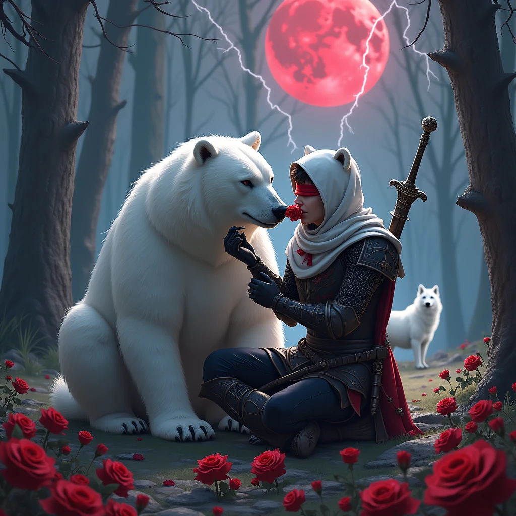 Male knight with a white hood with bear ears with sword behind his back sits towards a polar bear in a forest while the moon shines, many Roses cover the ground and lightning falls from the sky. The polar bear has black eyes and a calm appearance. Only the man wears a red blindfold. In the background of the picture is the blood moon. The forest is full of trees with leaves. The armor of the man is black and red roses decorate it. The knight smells on a rose. In the far there is a white wolf looking at the bear and knight.