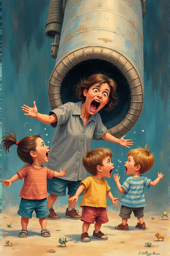 Colored drawing of a screaming woman and children being magically pulled into a vacuum cleaner