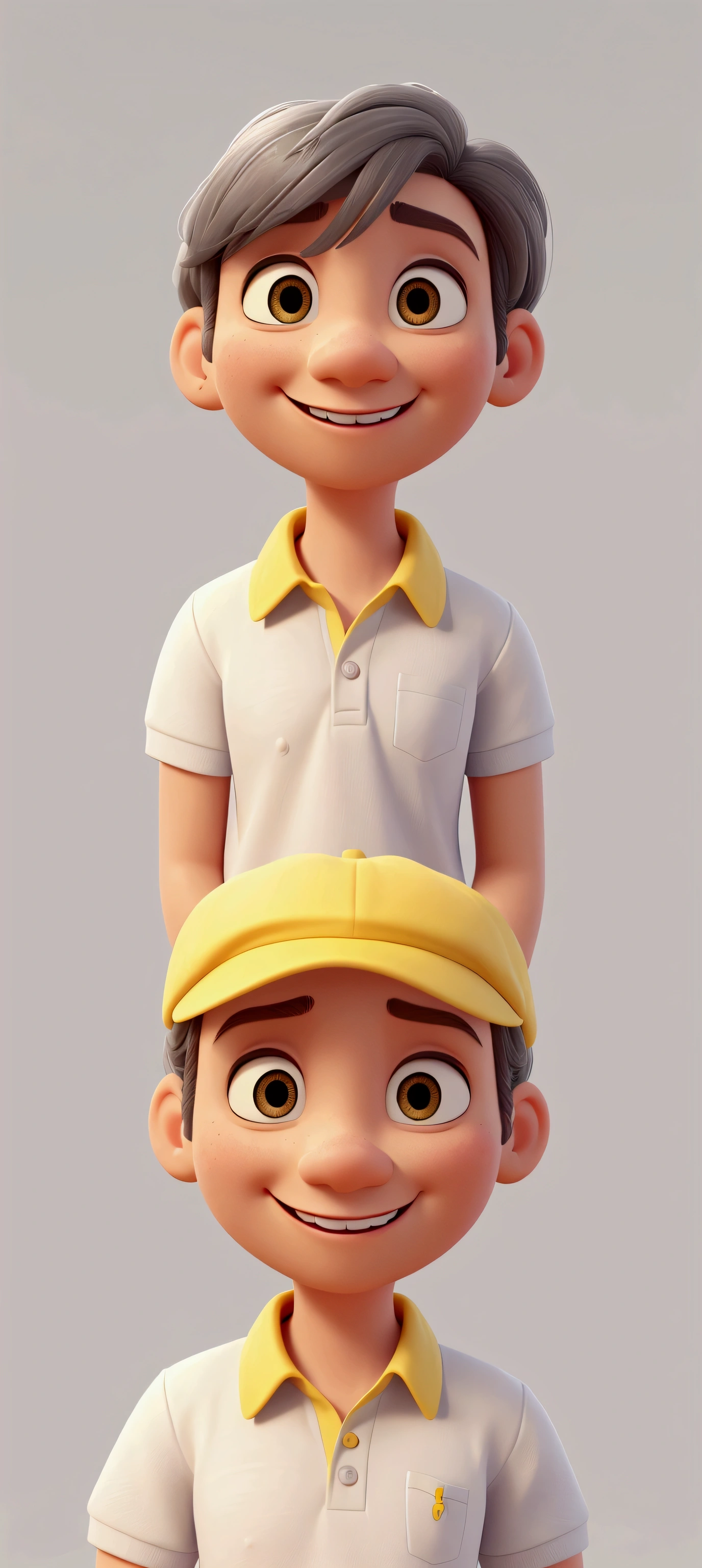 Turn this photo into a 3D image in Pixar format, leave with a smile , white polo shirt with yellow collar and gray background.