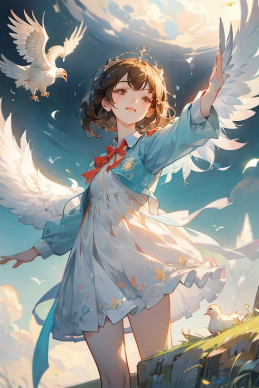 A collared griffin and a high school girl, A griffin sleeping comfortably with its wings folded, The girl is wearing a uniform and runs up to the griffin, waving and smiling.,