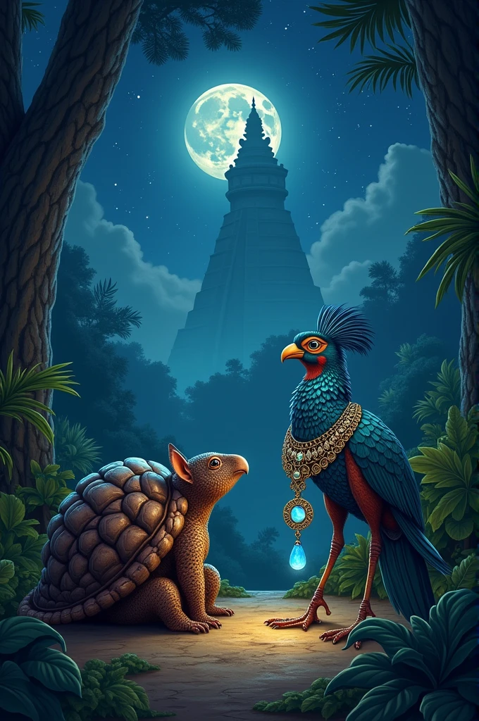Create a night scene in a rich setting where there is a small brown armadillo and a quetzal which holds in its paws a necklace with a bright blue stone., who look to the sky and see the god E&#39;eekat 