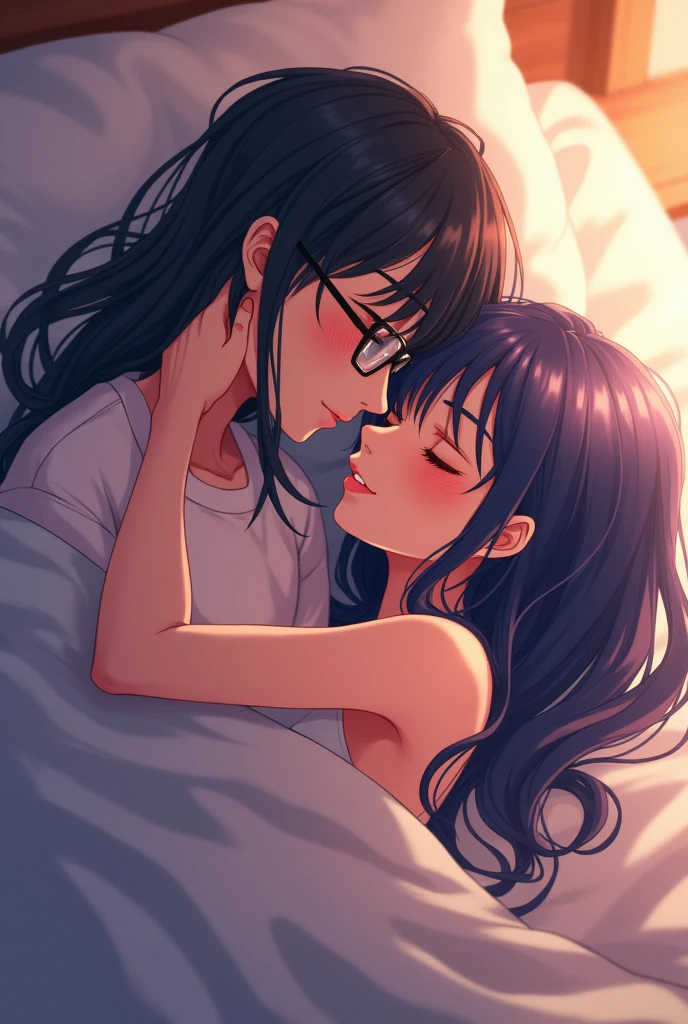 Anime drawing of a woman with long navy blue hair, cuddling in bed with a man with short black hair wearing glasses