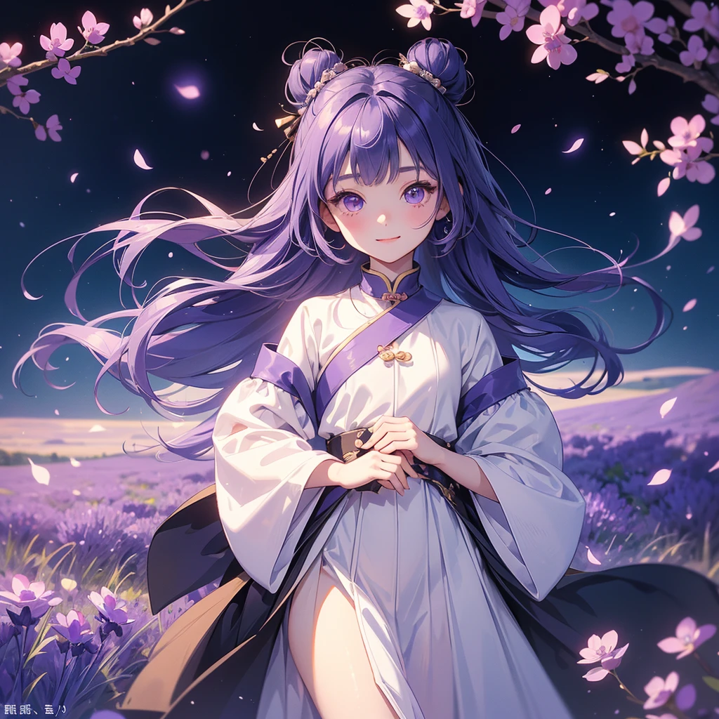 A chibi child girl had a small face and Wearing white little Taoist priest's outfit. A pair of big round eyes shone with curiosity about him. This child was so cute, Stroll among the purple lavender fields , There are some floating clouds.

her hair is black with two buns on her hair.small chibi, chibi baby, smiling ,Chibi.

