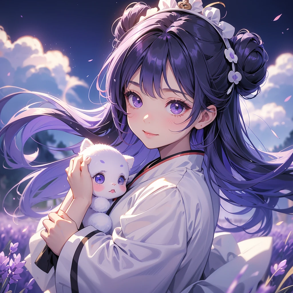 A chibi child girl had a small face and Wearing white little Taoist priest's outfit. A pair of big round eyes shone with curiosity about him. This child was so cute, Stroll among the purple lavender fields , There are some floating clouds.

her hair is black with two buns on her hair.small chibi, chibi baby, smiling ,Chibi.

