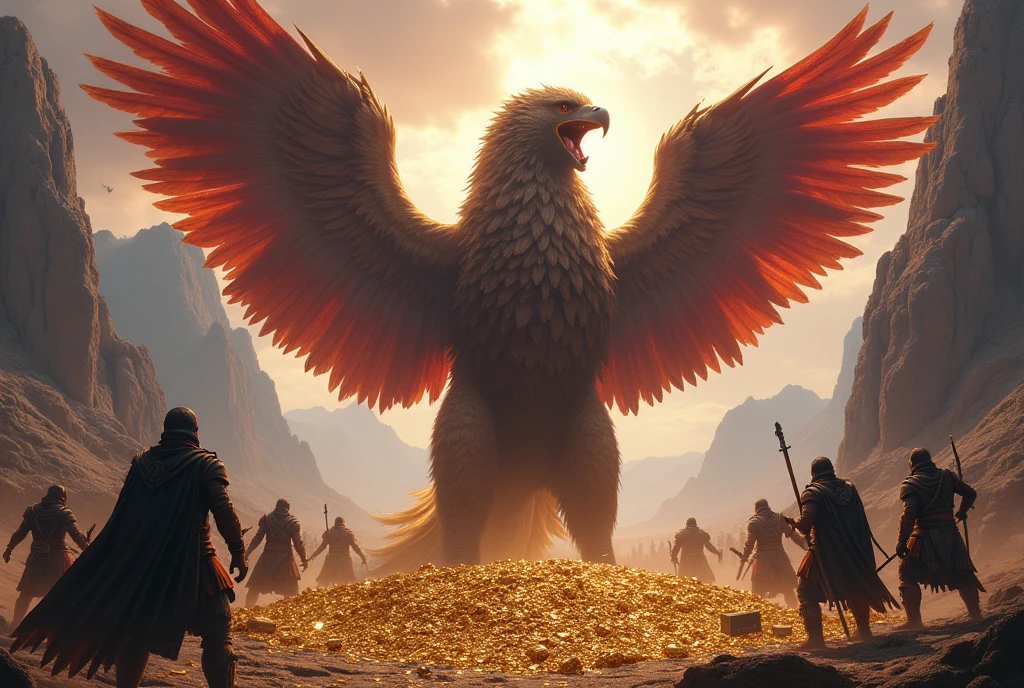 best quality, masterpiece, (A giant Griffin is threatening many bandits with its mouth open.:1.5)、(Griffin has the wings and upper body of an eagle.、With the lower body of a lion:1.5)、(The thieves are trying to steal the gold.)、(Guarding many large chests full of gold)、Rugged Mountain々I can see、(low angle:1.3)、(Front lighting:1.5)、Red and white sky