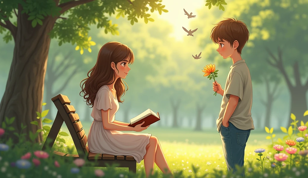 Une jeune femme assise sur un banc dans un parc ensoleillé, entourée d'arbres verdoyants et de fleurs colorées. Elle a de longs cheveux bruns légèrement ondulés et porte une robe légère d'été de couleur pastel. Elle est absorbée par la lecture d'un livre, avec une expression calme et rêveuse sur son visage. Un peu plus loin, un jeune homme se tient debout, hésitant, regardant vers elle avec une expression nerveuse mais déterminée. Il a les cheveux courts et châtains, porte une chemise décontractée et un jean, et tient une fleur qu'il semble vouloir lui offrir. L'arrière-plan montre un parc tranquille, avec des oiseaux qui chantent et des rayons de soleil filtrant à travers les arbres. L'ambiance est douce et romantique, capturant l'instant délicat d'une possible première rencontre. 8k
