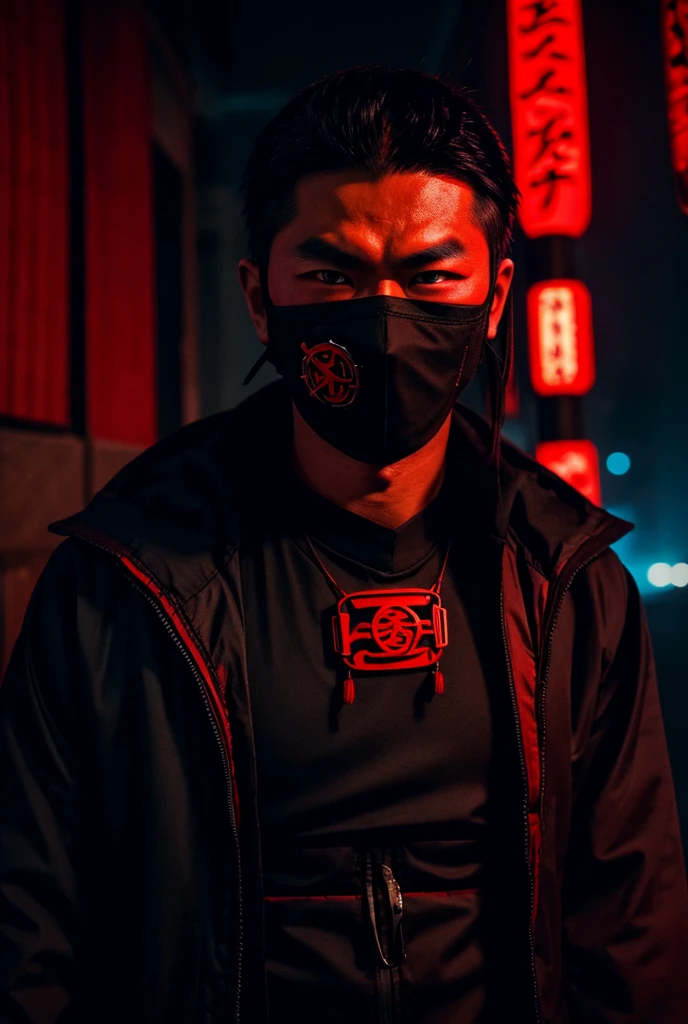 Ninja with red Kabuki mask, Black clothing with neon details, cyberpunk style, ancient china, midnight, darkness, Red eyes, dark environment, devil&#39;s mascara, mascara samurai 