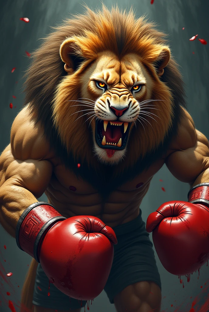 A lion with boxing gloves and blood laughing 
