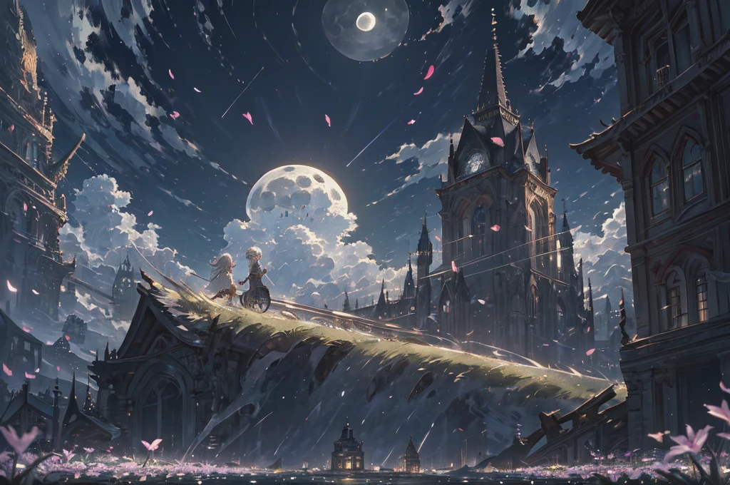 (masterpiece, best quality, detailed background, extremely detailed:1.4) BREAK 1girl, (colorful),(finely detailed beautiful eyes and detailed face), cowboy shot, white hair, solo, smile, intricate skirt, flying petal, Flowery meadow, cloudy sky, building, moonlight, moon, night, light, fantasy,