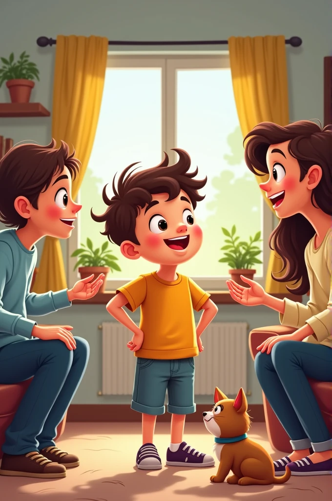 Cartoon of a boy talking to his parents