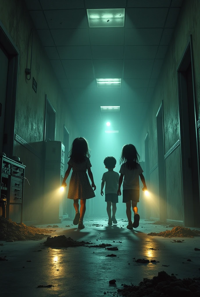 The children cautiously explore the hospital, shining their flashlights on dusty hallways, broken equipment, and eerie shadows.