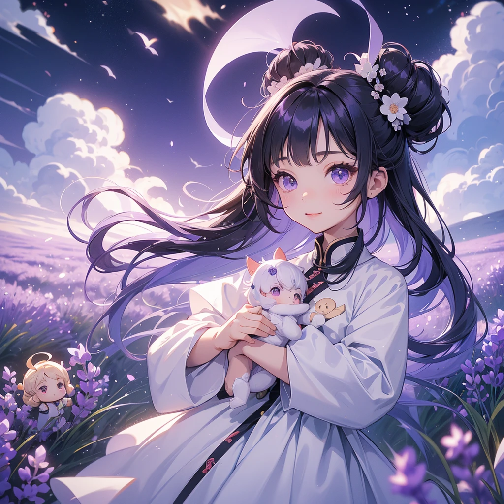 A chibi child girl had a small face and Wearing white little Taoist priest's outfit. A pair of big round eyes shone with curiosity about him. This child was so cute, Stroll among the purple lavender fields , There are some floating clouds.
her hair is black with two buns on her hair.small chibi, chibi baby, smiling ,Chibi.