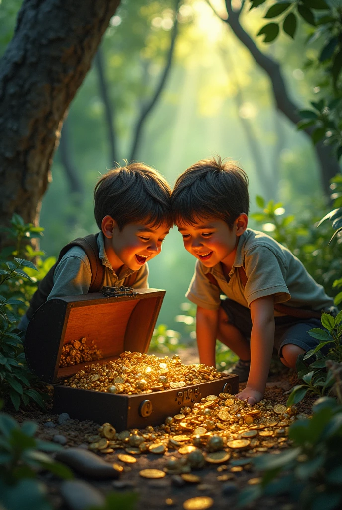 together, two different boys Tom and Huck discovering treasure in an old chest. The chest is open, revealing gold coins, jewels, and antique items inside. Tom and Huck look amazed and delighted. They are sitting on the ground next to the chest in a dense forest, with rays of sunlight filtering through the leaves. The atmosphere is filled with excitement and adventure."