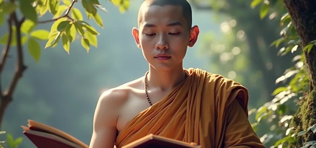 a serene natural landscape, 2 buddhist monks sitting under a tree, reading books, sunlight filtering through lush green leaves, detailed foliage, intricate patterns, warm golden lighting, tranquil atmosphere, highly detailed, photorealistic, 8k, masterpiece