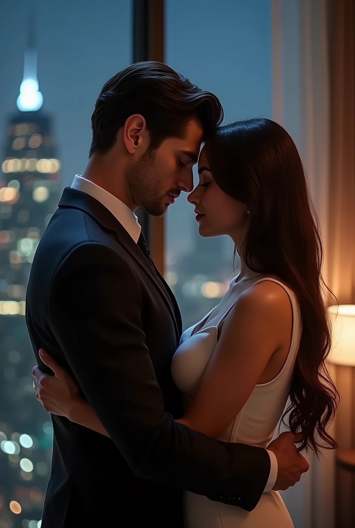 A handsome CEO with his beutiful girlfriend,who is on her highschool hot uniform romancing together with him in his luxury office at night.
While he carefully romantically falls down her hair., laege breasts, Hug from behind.