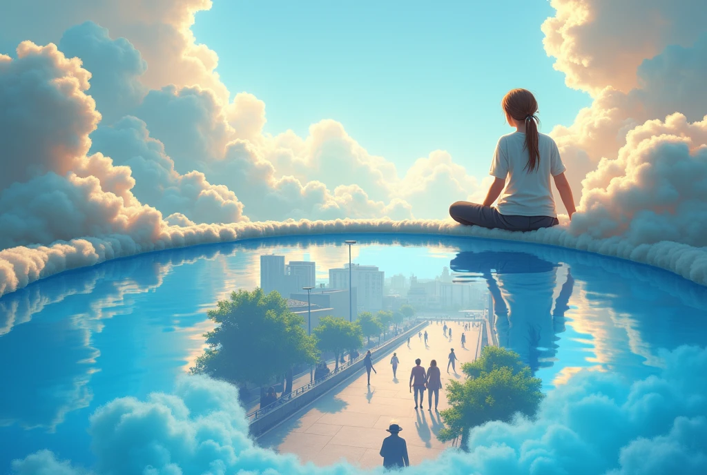The character is in heaven, sitting on a cloud that blends into a pool. He is sitting on the edge of the pool, about the cloud. From up there, he looks at the pool and sees clearly, as if it were a mirror, people walking on the sidewalks of a street below.
