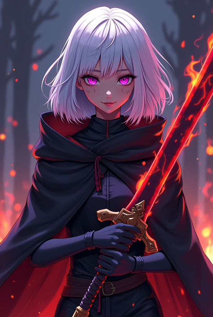 young anime style woman from the front with very dark skin and face with deep scars, with white shoulder length hair, with purple eyes, wielding a giant fire bastard , wearing a cloak covers the whole body, smiling evilly