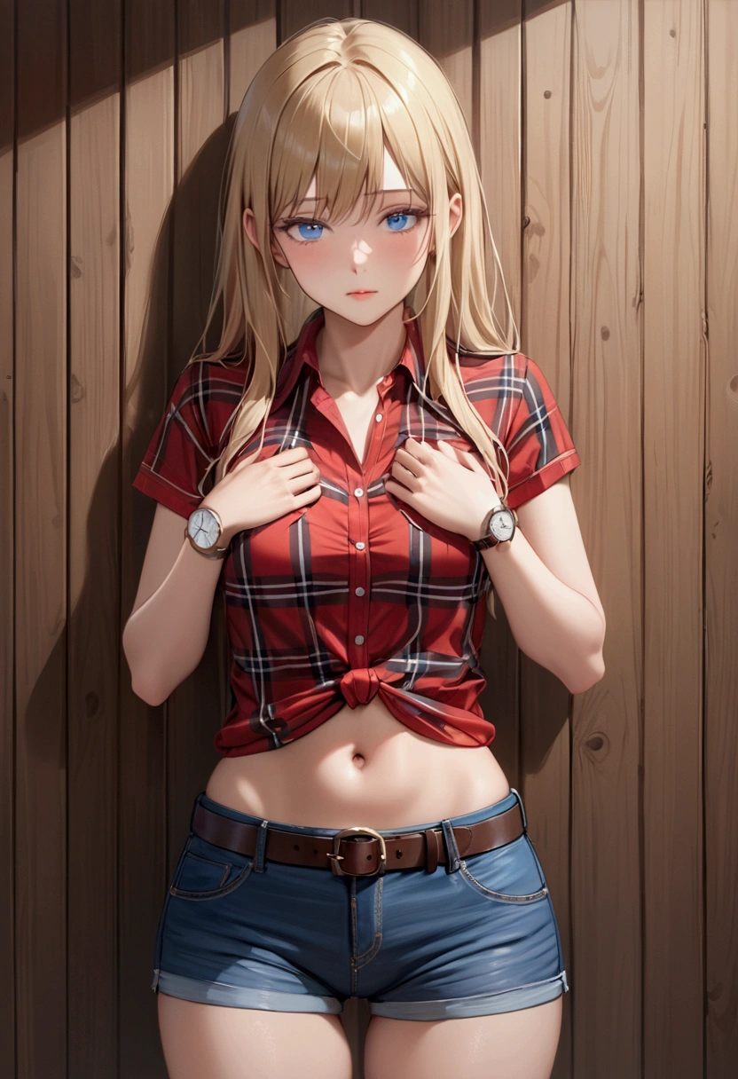 Woman with long blonde hair, blue eyes, An athletic body, Red plaid tight short sleeve collared cowgirl shirt, watch, Navel exposed, Denim hot pants, Brown belt with oval buckle, Stand up straight, Being drunk,Strong hiccups,In front of a wooden wall,Front view,Cowboy Shot,16K, Highest quality, masterpiece, Realistic, detailed