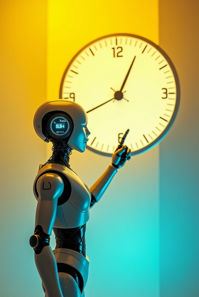 IMAGE OF A ROBOT POINTING AT A CLOCK AND INDICATING THE NUMBER 4 IN HIS MIND. AND LET THE WORD GO BEHIND HIM "UNAD" AND THE BACKGROUND IS YELLOW AND BLUE. AND THAT IT HAS A VIRTUAL REALITY TYPE FRAME. AND LEAVE ME A BLANK BOX NEXT TO ADD TEXT