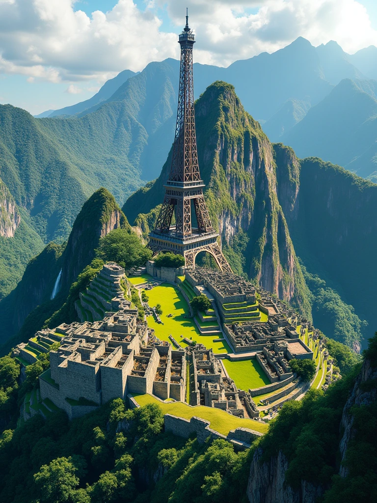 visualizing the city of Machu Picchu, from the Eiffel Tower in Paris, extraordinary landscape, quite a lot of natural jungle, realistic illustration