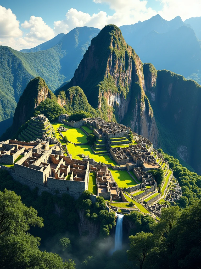 visualizing the city of Machu Picchu, from the Eiffel Tower in Paris, extraordinary landscape, quite a lot of natural jungle, realistic illustration