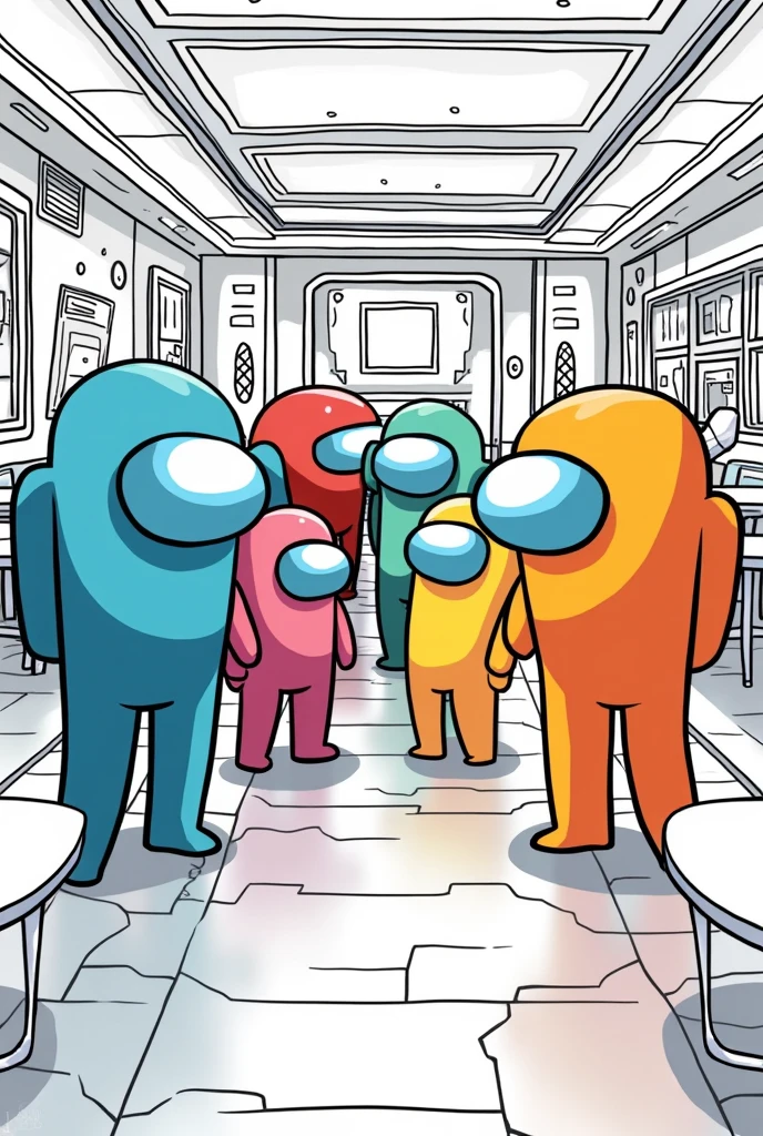Coloring page of a , jogo amongs, crew and an importer on the ship, in the cafeteria area.