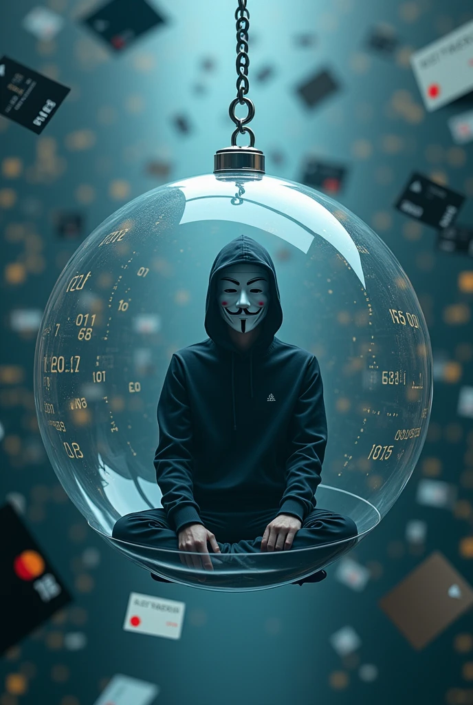person wearing Anonymous mask in a floating bubble with silver cord and with the background of the image with credit cards and programming