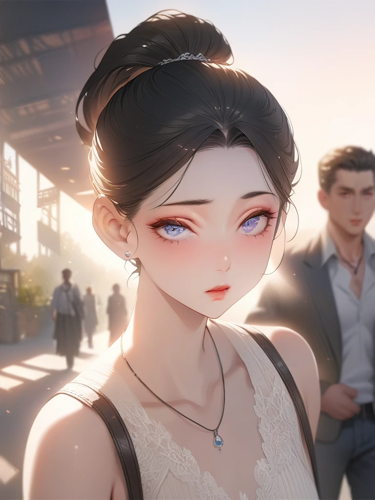 (masterpiece, best quality, 8K, Be focused, Depth of Field, Best shadow, Perfect lighting, HDR, Realistic skin texture, ultra-detailed background, detailed), Anime style one colored eye, White skin, Black Hair,Ponytail, necklace,