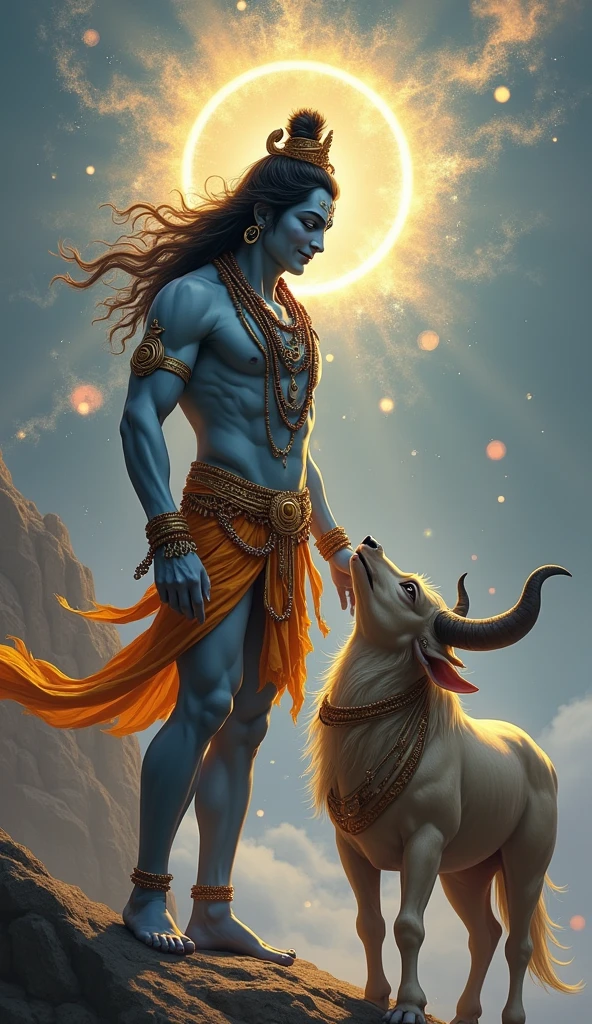 Lord Shiva appearing before a devoted Nandi, blessing him with a radiant smile. The scene should capture Shiva’s benevolence and Nandi’s awe and joy. Shiva is in a majestic and serene pose, while Nandi looks up with reverence and gratitude.