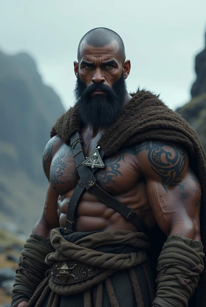 Dark-skinned man with shaved sides Viking, muscular, attractive and manly 
