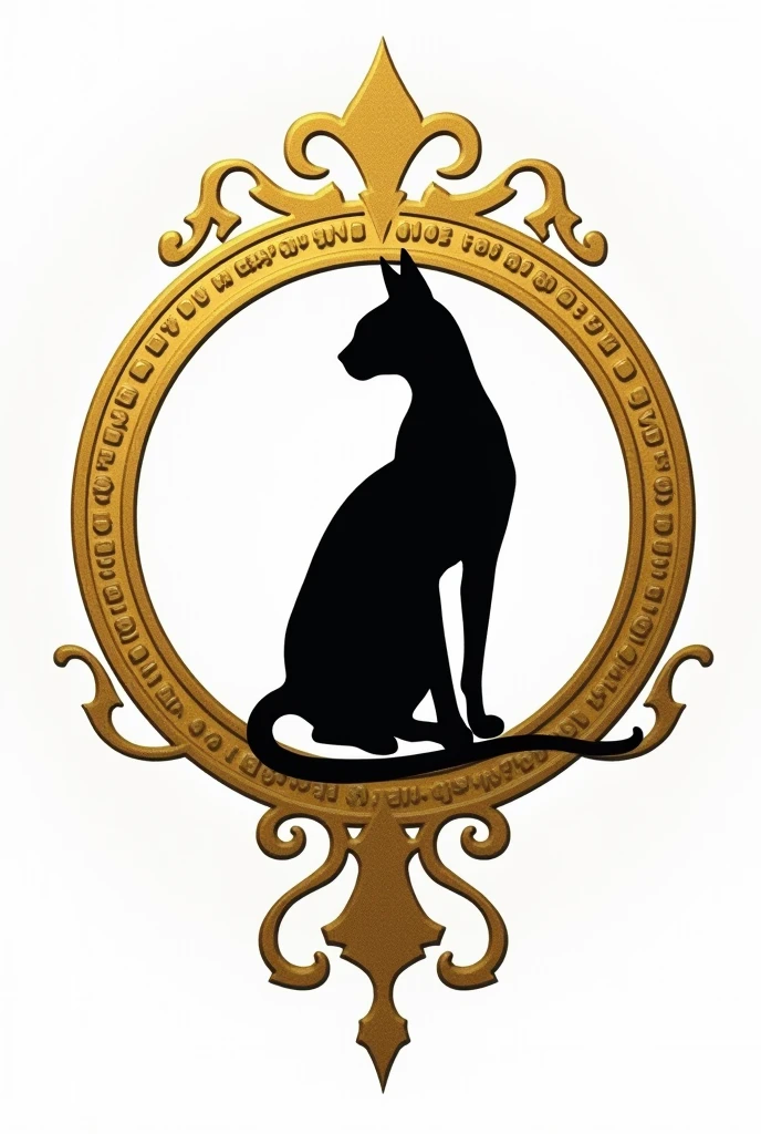 Create a white and gold coat of arms of the ancient civilization of Ejito with a black hairless cat with a round gold outline