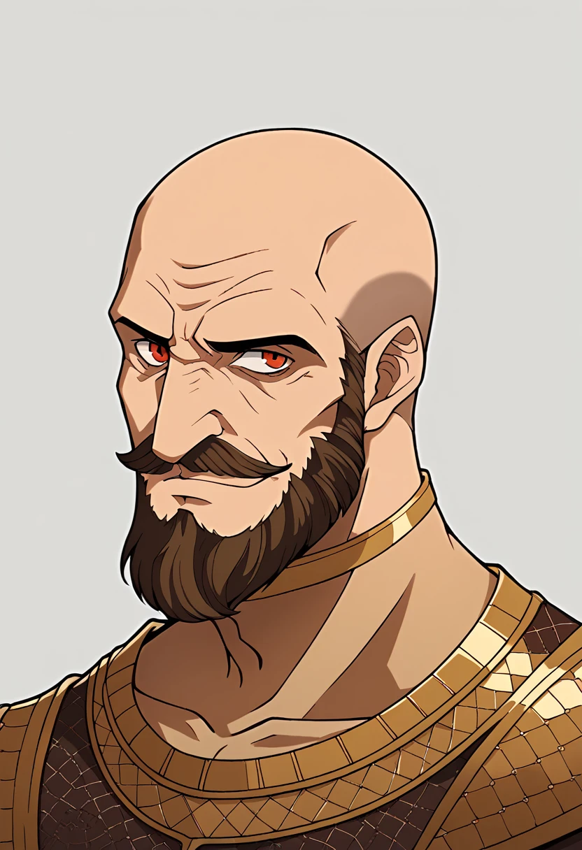 1man, middle-aged, baldhead, red tatto in face, hazel golden eyes, mustache, beard, handsome, shroud, smile, ragnarok clothes, aesthetic, gallantic, closer distance face, closer distance head, his distance pressing against me, hd, high quality, best quality, masterpiece, 8k resolution