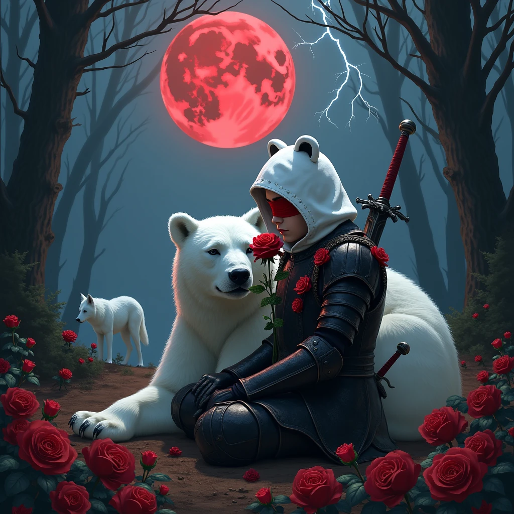 Male knight with a white hood with bear ears with sword behind his back sits towards a polar bear in a forest while the moon shines, many Roses cover the ground and lightning falls from the sky. The polar bear has black eyes and a calm appearance. Only the man wears a red blindfold. In the background of the picture is the blood moon. The forest is full of trees with leaves. The armor of the man is black and red roses decorate it. The knight smells on a rose. In the far there is a white wolf looking at the bear and knight.