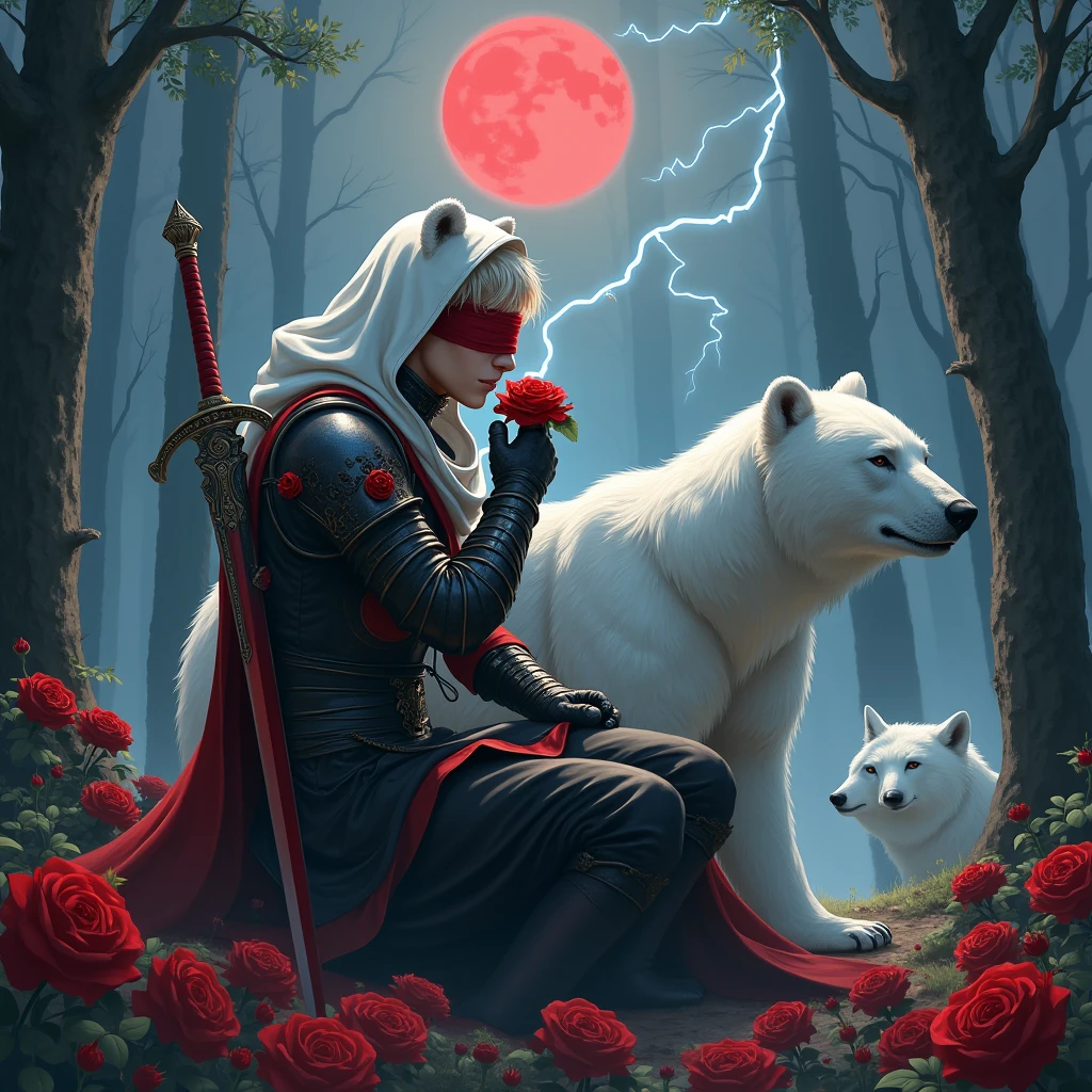 Male knight with a white hood with bear ears with sword behind his back sits towards a polar bear in a forest while the moon shines, many Roses cover the ground and lightning falls from the sky. The polar bear has black eyes and a calm appearance. Only the man wears a red blindfold. In the background of the picture is the blood moon. The forest is full of trees with leaves. The armor of the man is black and red roses decorate it. The knight smells on a rose. In the far there is a white wolf looking at the bear and knight.