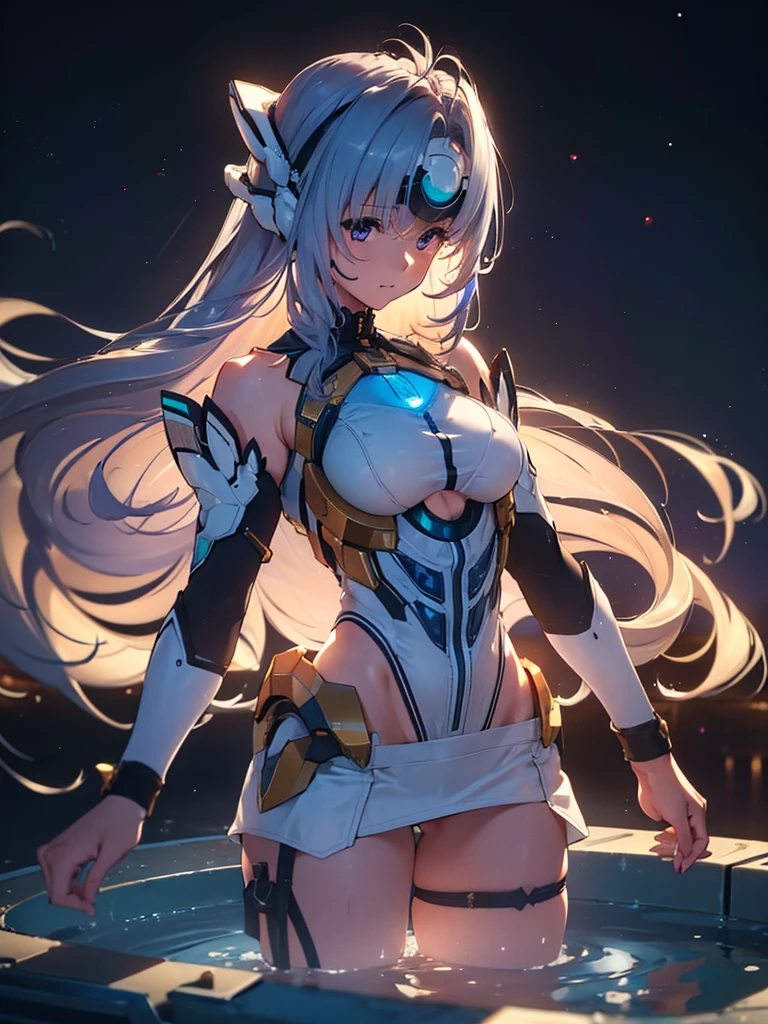 (masterpiece:1.3), (8k、Realistic, RAW Photos, Highest quality:1.4), (alone), One Girl, (((Lamb Wash))), Beautiful Face, 完璧な対称性を持つBeautiful Face, Cute Face, (Beautiful light blue long hair), With bangs, Has a visor on the forehead, Beautiful purple eyes, Perfect Anatomy, (Skin with attention to detail: 1.2), Natural Breasts, Beautiful thighs, Natural buttocks, White costume, mini skirt, Open-chested outfit, In space you can see stars and planets, Standing on the deck of a spaceship, Perfect lighting, Focus Only, Perfect Anatomy,Front view,