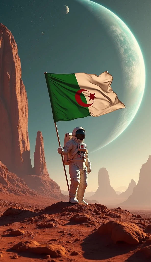 An astronaut carrying the Algerian flag on the surface of Mars ,Galaxy planets moons stars