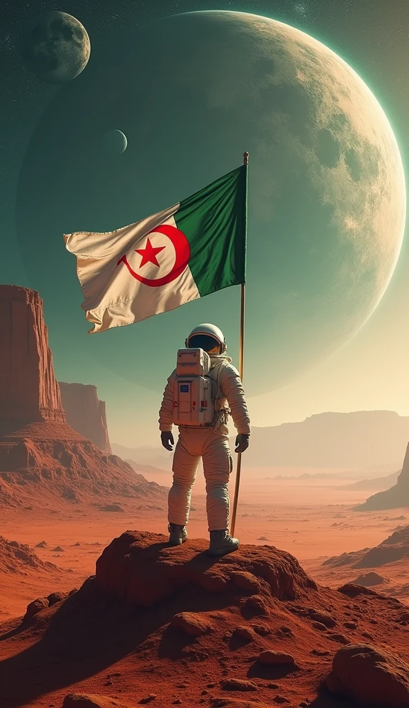 An astronaut carrying the Algerian flag on the surface of Mars ,Galaxy planets moons stars