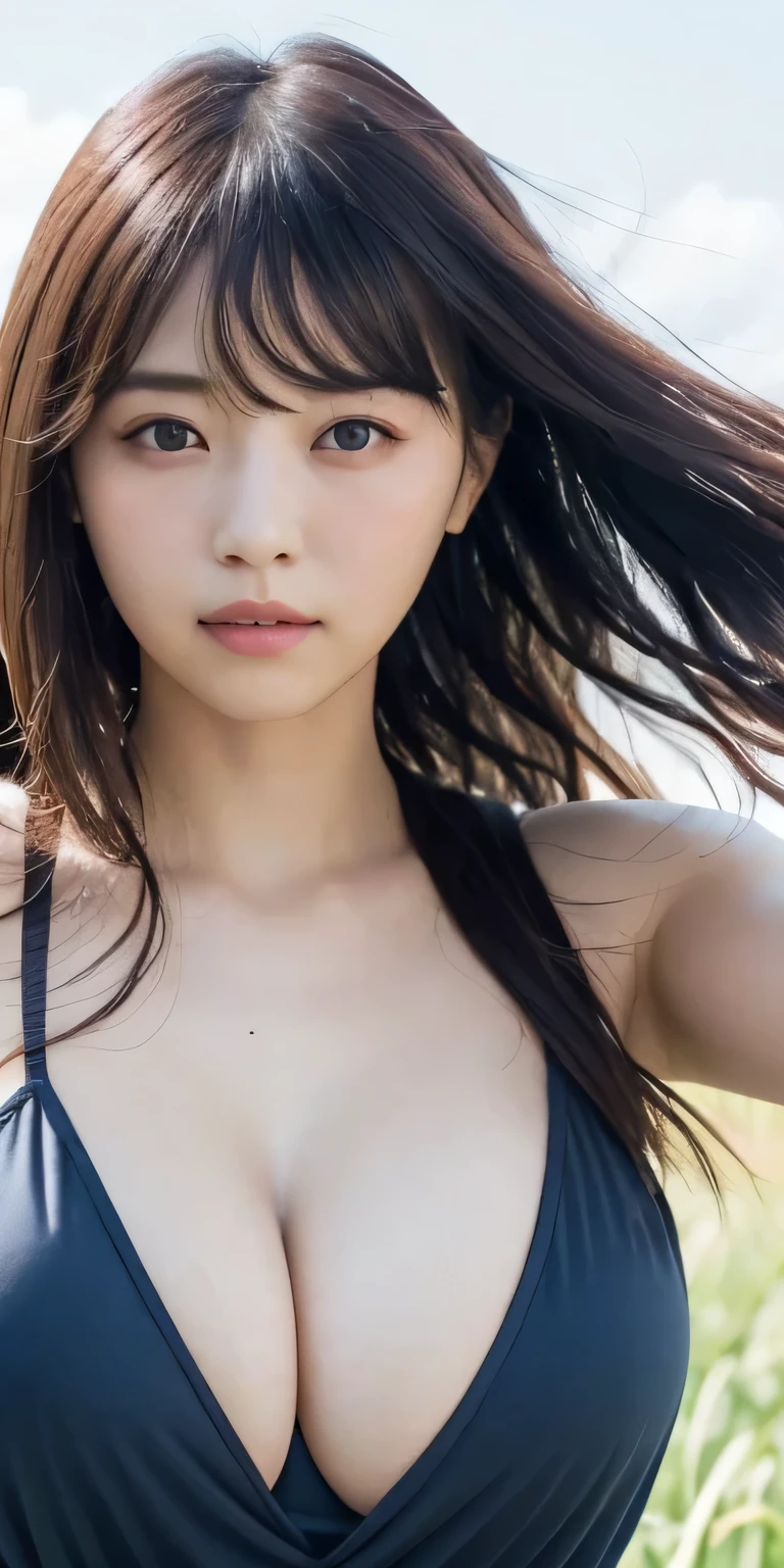 masterpiece、Highest quality, Ultra-high resolution、8k,photograph、1 girl, (Skin dents), (Large :1.4), bright, , (Asymmetrical bangs, Please comb your hair、very long wavy hair:1.5), (Floating Hair:1.0)、(A loose-fitting blouse with a relaxed chest、Navy Blue)、Big brean be seen even with clothes on、(Cleavage)、soft, drdder、Heterochromia iridis、sad、grassland、Spring Sky、Soft sunlight