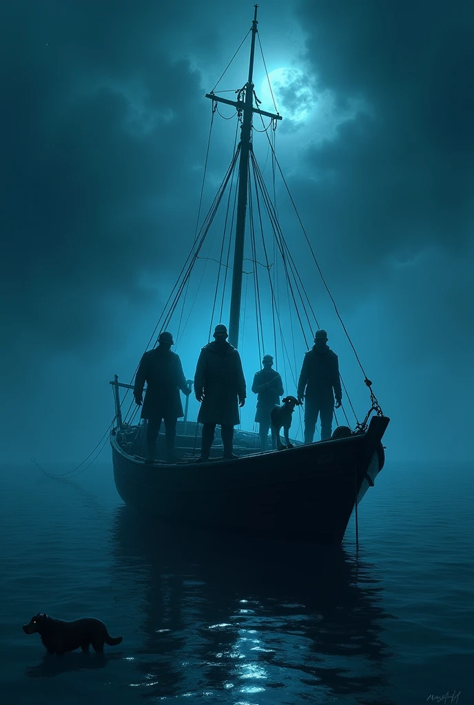 Theme: Very creepy and mysterious.
Scene: Captain Tony is on the deck of his boat with his two apprentices, his son, and the dog.
Setting: Nocturnal, with a bluish light creating a spooky atmosphere. The sea is calm, but the darkness adds an eerie feeling.
Goal: To attract the viewers' attention and communicate a sense of unease, as if something sinister is about to happen.
